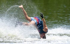 GB's Freddie Winter catapults out of his waterski on his way to winning the men's slalom at the Botaski Pro Am. Photo date: 25 June 2023. Photo credit: Johnny Hayward