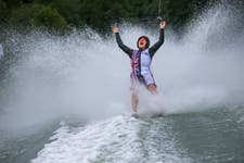 GB's Henry Sullivan (16) celebrating at the 2023 European Barefoot Waterski Championships in Austria where he won 3 golds & a silver. Picture date: August 2023. Photo credit: Mark Thomas