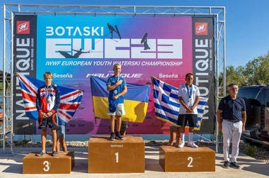 GB's Charlie Fearn on the Under14 Boys Jump podium at the 2023 European Youth Waterski Championships in Spain. Picture date: 12 August 2023. Photo: British Water Ski & Wakeboard