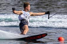 Seb Turp (15) from Gosfield, Essex, winning gold in U17 boys' slalom at the 2023 British National Waterski Championships. Picture date: August 2023. Photo credit: James Elliott