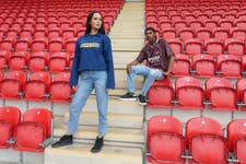 EDITORIAL USE ONLY Lexi and Edi model items from Pukka’s clothing collaboration with Art of Football at Rotherham FC ahead of London Fashion week. Issue date: Wednesday September 13, 2023. PA Photo. Proceeds from sales of the range, which launches this Friday, will go to ‘Pukka Athletic’, a new initiative aimed at supporting grassroots football.