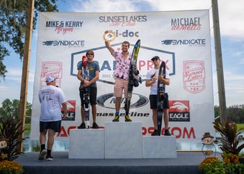 Travers Grand Prix 2023 Men's Slalom Podium. L-R Nate Smith (USA) 2nd; Freddie Winter (GB) 1st; Will Asher (GB) 3rd. Picture date: 24 September 2023. Photo credit: John Waldron