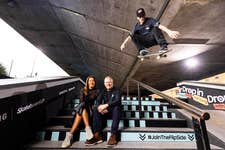 EDITORIAL USE ONLYleft-right Annika Bizon, Markerting and Omnichannel Director, Samsung UK and Ireland and James Hope-Gill, Chief Executive Officer, Skateboard GB announce a new partnership between Samsung UK & Ireland and Skateboard GB, the governing body for Skateboarding in Great Britain. Picture date: Wednesday September 27, 2023. PA Photo. To inspire the next generation of skateboarding athletes, Samsung has brought together a team of pro skaters, led by Sky Brown, to capture their content with the new Samsung Galaxy Z Flip5. With Samsung’s support, Skateboard GB will use the funding to support ‘Skate More, Skate Better’, a campaign to provide more skateboarding coaching opportunities, maintain facilities, and supply elite athlete support.