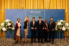 Ribbon-cutting ceremony at the opening of the new Dubai International Chamber representative office in the Netherlands yesterday. From left to right: Noora AlSuwaidi, Regional Director for Europe and the Americas at Dubai Chambers; Wampie Libon, Director of the International Enterprise Department at the Ministry of Foreign Affairs of the Netherlands; Salem Al Shamsi, Vice President of Global Markets at Dubai Chambers; Ali Rashed Alshehhi, Chargé d'Affaires a.i. of the United Arab Emirates to the Kingdom of the Netherlands; Salem M. Rabbani, Chairman, Netherlands- Middle East Business Council; and Mohammad Al Kassim, Director of Investment Attractions, Dubai Chambers. (Photo: AETOSWire)