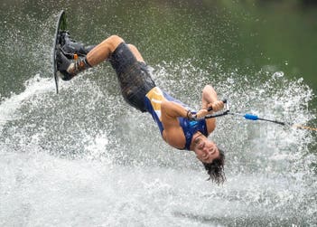 GB's Joel Poland trick skiing in 2023. Poland will defend his title as Overall World Waterski Champion in Florida, USA, from 10th to 15th October. Photo credit: Johnny Hayward