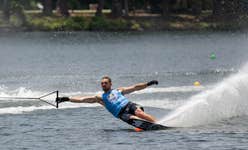 GB's Will Asher slalom skiing in 2023. Asher will compete at the 2023 World Waterski Championships in Florida, USA from 10th to 15th October. Photo credit: Vincent Stadlbaur