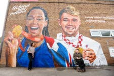 EDITORIAL USE ONLY (Right to left) Olympian Katarina Johnson-Thompson, artist Paul Curtis and Paralympian Jack Hunter-Spivey with pupils during a visit of St Mark’s Catholic School in Liverpool to announce a new landmark partnership between British Gas, Team GB and Paralaympics GB. Picture date: Monday October 9, 2023. PA Photo. The pair unveiled a mural by Liverpudlian street artist, Paul Curtis, as the 5-year partnership kicks off with a free programme for schools, Get Set for Positive Energy, to inspire children to use their positive energy to drive change and build healthy habits for the future.