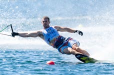 GB's Freddie Winter wins the men's slalom at the 2023 World Waterski Championships. Picture date: Sunday 15th October 2023. Photo credit: Johnny Hayward