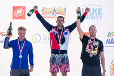 Men's slalom podium at the 2023 World Waterski Championships. L-R Dane Mechler 2nd (USA), Freddie Winter 1st (GBR), Stephen Neveu 3rd (Canada). Picture date: Sunday 15th October 2023. Photo credit: Johnny Hayward