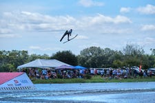 GB's Joel Poland jumps 68.8 metres at the 2023 World Waterski Championships in Florida, USA. Poland won Overall Silver. Picture date: 14th October 2023. Photo credit: James Timothy