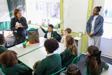 EDITORIAL USE ONLYCBBC Presenter, Mwaksy Mudenda and CEO of The Waste & Resources Action Programme (WRAP) Harriet Lamb visit Oakdale Junior School in London to launch ‘The Big Recycling Hunt’ as part of Recycle Week 2023, the UK’s largest national annual recycling campaign. Picture date: Tuesday October 17, 2023. PA Photo. Oakdale Junior School have been selected as the first-ever Recycling Youth Ambassadors and will help encourage children and families to find 'lost recyclables' that often find their way into the rubbish bin.