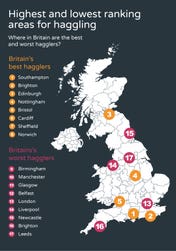 Map showing top best hagglers and worst hagglers across the UK