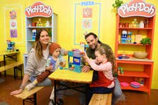 EDITORIAL USE ONLY Binky Felstead with her son Wolfie and Harry Judd with his daughter Lola at Play-Doh’s Restaurant of Imagination pop up in London. Picture date: Friday October 27, 2023. PA Photo. The pop up, which invites families to create pretend Play-Doh meals using its new Busy Chef’s Restaurant play set and see them transformed into real-life meals, follows research which reveals nearly one-third of parents characterise an average mealtime as ’stressful’ and ‘frustrating’ in their household, with 8 in 10 regularly dealing with ‘picky eaters’ at the dinner table.
