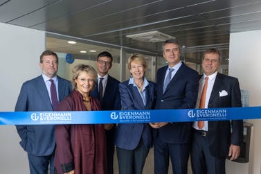 Photographed (Left to Right): Ludovico Balbo di Vinadio, Shareholder and Board Member, Eigenmann & Veronelli; Elena Zambon, President, Zambon S.p.A; Corrado Bestetti, Shareholder and Board Member, Eigenmann & Veronelli; Nathalie Veronelli, Shareholder and Board Member, Eigenmann & Veronelli; Gabriele Bonomi, Group Chief Executive Officer, Eigenmann & Veronelli; Christian Veronelli, Shareholder and President, Eigenmann & Veronelli (Photo: Business Wire)