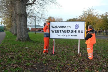 EDITORIAL USE ONLY ‘Welcome to Weetabixshire’ sign which has been erected in the Northamptonshire town of Burton Latimer to mark the new proposed county lines of Weetabixshire. Picture date: Tuesday November 14, 2023. PA Photo. The breakfast cereal brand is petitioning to create a new county comprising a 50-mile radius from their Mills in Burton Latimer where all the wheat for the cereal is grown.