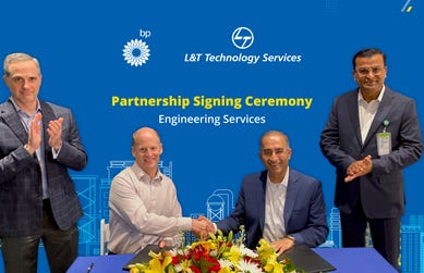 L-R: William M. (Bill) Anderson VP Mechanical Engineering, bp Innovation and Engineering, Bruce Price, VP Maintenance & Engineering, Global Operations. bp, Amit Chadha, CEO & MD, LTTS and Subrat Tripathy, SVP & Chief Business Officer – IP & PE North America, LTTS. (Photo: Business Wire)