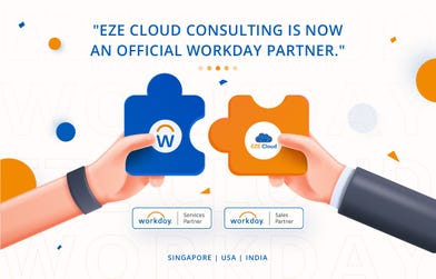 The logos of EZE Cloud Consulting and Workday reflecting official services and sales partnership. (Graphic: Business Wire)