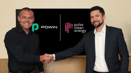 Powin President Anthony Carroll and Pulse Clean Energy CEO Trevor Willis shake hands after signing the partnership agreement. (Photo: Business Wire)