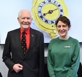 Clocktime originator Dr John C Taylor OBE FREng and watchmaker Dr Rebecca Struthers
