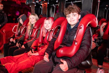 Imogen Tasker-Meachen, 14, Lily Mae Harper, 15, Eden Smith, 18, and Liam Murphy, 15, experience the first ride of the day at the opening of Nemesis Reborn at Alton Towers Resort, as the 18-month project to transform the rollercoaster is completed. Fans queued from early this morning to experience the attraction which hits top speeds of 50mph and G Forces of 3.5.