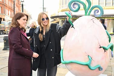 HRH Princess Eugenie speaks to artist Charlotte Colbert at Elephant Family’s Little Egg Hunt, presented by Clarence Court, in Chelsea, London, an interactive large-scale egg hunt, with pieces designed by 12 leading designers. Picture date: Thursday March 21, 2024. PA Photo. Designers include Anya Hindmarch, Philip Colbert and Charlotte Colbert, and to celebrate the launch, HRH Princess Eugenie read to a number of school children at Sloan Square.