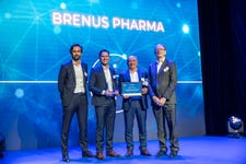 Biotech Award presented to Paul Bravetti (CEO Brenus Pharma) by Thierry Hulot (President of Merck Group activities in France - President of LEEM), Alain Huriez (Chariman and Managing Partner, AdBio Partners), Guillaume LAULHE (Director BD at IQVIA) (Photo: Brenus Pharma)