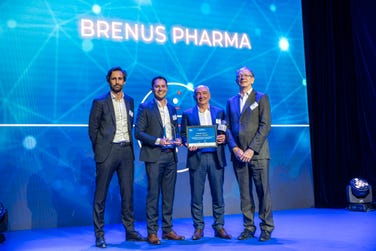 Biotech Award presented to Paul Bravetti (CEO Brenus Pharma) by Thierry Hulot (President of Merck Group activities in France - President of LEEM), Alain Huriez (Chariman and Managing Partner, AdBio Partners), Guillaume LAULHE (Director BD at IQVIA) (Photo: Brenus Pharma)