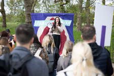 Femtech business leader, Tania Boler, on a soapbox called the ‘pelvic podium’ at Speakers Corner in Hyde Park, London, as part of a campaign to raise awareness of the UK’s maternal pelvic health crisis. Picture date: Thursday April 18, 2024. PA Photo. The campaign comes as women's health brand Elvie highlights that the Government’s deadline to introduce specialist perinatal pelvic health services across England has passed without meeting its target, finding that a third of the country is still without women's pelvic health services.