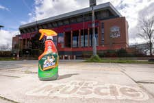 EDITORIAL USE ONLY The Mr Muscle Walk of Fame is unveiled in front of Liverpool Football Club, created using reverse graffiti to celebrate the 12,848 fans who have contributed to sustainability efforts at Anfield. Issue date: Monday April 29, 2024. PA Photo. Mr Muscle, a brand of SC Johnson’s who is the official sustainability partner of Liverpool Football Club, has reverse grafitted 12,848 fan names on Rockfield Road to represent the 12,848 plastic bottles that have been recycled every match day on average.