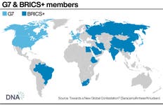 A potential counterpoint to the G7 (shown here in light blue): Ten countries now form the group of countries that is informally known as BRICS+ (shown her in darker blue; Graphic by PA Media for DNA)