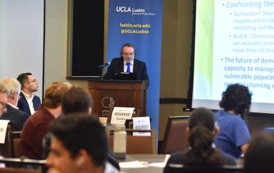 Prof. Helmut K. Anheier speaks on stage during the 2024 Berggruen Governance Index at UCLA Luskin School of Public Affairs on Wednesday, May 15, 2024, in Los Angeles. The forum aims to foster discussions on best governance practices and explore sustainable solutions for strengthening democratic governance and promoting global stability. (Jordan Strauss/AP Images for Democracy News Alliance)