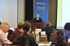 Joseph Saraceno, Co-author of the 2024 Berggruen Governance Index, speaks on stage during the launch of the report at UCLA Luskin School of Public Affairs on Wednesday, May 15, 2024, in Los Angeles. The forum aims to foster discussions on best governance practices and explore sustainable solutions for strengthening democratic governance and promoting global stability. (Jordan Strauss/AP Images for Democracy News Alliance)