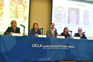 Alexandra Lieben, from left, Jody Heymann, Michael Storper, Georgia Kernell and Brian Levy speak on stage during the launch of the 2024 Berggruen Governance Index at UCLA Luskin School of Public Affairs on Wednesday, May 15, 2024, in Los Angeles. The forum aims to foster discussions on best governance practices and explore sustainable solutions for strengthening democratic governance and promoting global stability. (Jordan Strauss/AP Images for Democracy News Alliance)
