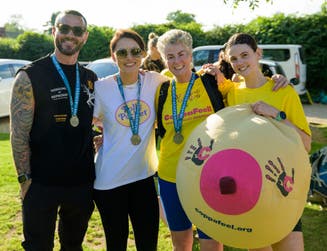 Matt and Emma Willis, with Maxine and Darcy Laceby complete Absolute Collagen’s ‘Map My Baps’ challenge, a 21km trek through the Chilterns to drive awareness and support for breast cancer charity, Coppafeel. Issue date: Sunday May 26, 2024. PA Photo. The half marathon route took the shape of a pair of breasts. Photo credit should read: Anthony Upton/PA Media Assignments
