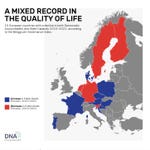 Red marked countries suffered a decline in public goods provisions in the years 2010 to 2021, blue marked countries could increase access to public goods, according to the 2024 Berggruen Governance Index. All 15 EU countries shown in colours simultanously experienced a decline in both democratic accountability and state capacity. (Infographic by Factstory for DNA)