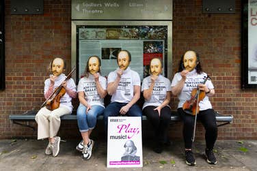 An ensemble of more than 50 musicians dressed as William Shakespeare march on London Sadler’s Wells Theatre ahead of the first performance of Northern Ballet’s Romeo and Juliet, to protest against plans to replace the orchestra with recorded music. Picture date: Tuesday May 28, 2024. PA Photo. The demonstration, organised by the Musicians’ Union (MU), results from Northern Ballet’s plans to replace the musicians in its orchestra with recorded music for its touring productions.