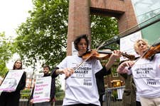 The Northern Ballet Sinfonia performed for onlookers and passers-by outside London Sadler’s Wells Theatre ahead of the first performance of Northern Ballet’s Romeo and Juliet, to protest against plans to replace the orchestra with recorded music. Picture date: Tuesday May 28, 2024. PA Photo. The demonstration, organised by the Musicians’ Union (MU), results from Northern Ballet’s plans to replace the musicians in its orchestra with recorded music for its touring productions.