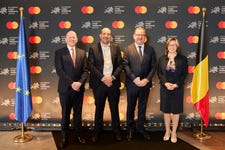 Mastercard European Cyber Resilience Centre Opening in Waterloo, Belgium. (From left to right) Michael Miebach, Chief Executive Officer, Mastercard, Mathieu Michel, Belgian State Secretary for Digitalisation, Mark Barnett, President, Mastercard Europe, Catherine De Bolle, Executive Director, Europol. Photo by: Nicolas Peeters. (Photo: Business Wire)