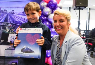 Shadow Secretary of State for Transport, Louise Haigh with Tyler Grannon, 6 years old, at the opening of Hull Trains’ new Learning and Development Academy, which will be used to train drivers using a new state-of-the-art train simulator. Picture date: Friday May 31, 2024. PA Photo.