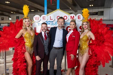 EDITORIAL USE ONLYDom Kennedy [Centre], Senior Vice President of Virgin Atlantic Holidays poses with cabin crew at Manchester airport ahead of Flight VS85 taking off, marking the launch of Virgin Atlantic’s new direct summer service between Manchester and Las Vegas. Picture date: Sunday June 2, 2024. PA Photo. The new route is in addition to the airline’s existing daily flying to Las Vegas from London Heathrow.