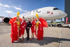 EDITORIAL USE ONLYVirgin Atlantic Cabin Crew pose at Manchester airport ahead of Flight VS85 taking off, marking the launch of Virgin Atlantic’s new direct summer service between Manchester and Las Vegas. Picture date: Sunday June 2, 2024. PA Photo. The new route is in addition to the airline’s existing daily flying to Las Vegas from London Heathrow.