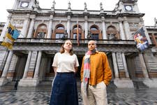 Artists, Adham Faramawy and Lizzie Munn at the unveiling of a collection of new flags they have designed, commissioned by Art of London and Art in Mayfair in partnership with the Royal Academy of Arts, at Royal Academy’s Burlington Gardens entrance, London. Picture date: Monday June 10, 2024. PA Photo. RA alumni, Faramawy’s design, titled ‘Rainbow Flags’ features an array of vibrant colours where the edges blur and fold into each other to celebrate the diversity of LGBTQ+ communities, on display at Piccadilly. Lizzie is a current student at the RA Schools and their design, titled ‘The sun speaks’ takes the form of large-scale print-based installations, displayed on Bond Street.