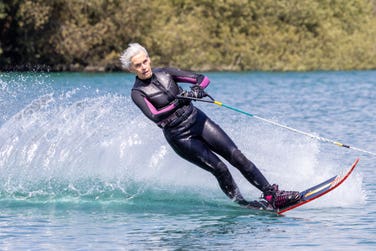 Celia Kent, 80, slalom waterskiing at Chichester Water Ski Club to celebrate her milestone birthday. Picture date: 15 June 2024. Photo credit: James Elliott