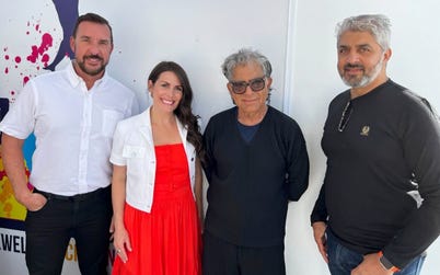 Celebrating innovation at Cannes Creative Festival 2024: (pictured from left to right) Bill Inman, CEO of Dectec; Stacey Engle, CEO of Twin Protocol; Deepak Chopra, MD; and Poonacha Machaiah, Co-founder of Cyberhuman.ai., announce the groundbreaking Deepak Chopra AI Twin, a collaboration at the intersection of well-being, AI, and technology. (Photo: Business Wire)