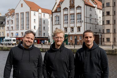 Left to right are Wordsmith co-founders Robbie Falkenthal (COO), Ross McNairn (CEO), and Volodymyr Giginiak (CTO) (Photo: Business Wire)