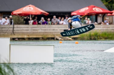 Hannah Tomsett, silver in Seated Ladies at the 2024 European Cable Wakeboard Championships. Credit Mantis Pro Media