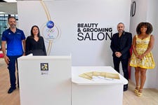 Opening of the Beauty & Grooming Salon, pictured from left to right: Laurent Michaud, Director of the Olympic and Paralympic Villages Paris 2024; Béatrice Dupuy, President and General Manager of P&G France; Raphaël Perrier, Founder and CEO of Raphaël Perrier Paris; Monique Rodriquez, Founder and CEO of Mielle (Photo: Business Wire)