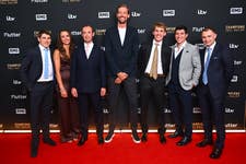 (l-r) Harry Skelton, Bryony Frost, Nice De Boinville, Peter Crouch, Harry Cobden, Gavin Sheehan and Sean Bowen arriving at the premiere of new ITV1 six-part series, Champions: Full Gallop at BAFTA in London. Picture date: Tuesday July 16, 2024. PA Photo. The series goes behind the scenes in the world of jump jockey horse racing. The first episode will be available on Friday, with the final episode airing late August.