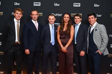 (l-r) Harry Cobden, Nico De Boinville, Sean Dowen, Bryony Frost, Harry Skelton and Gavin Sheehan arriving at the premiere of new ITV1 six-part series, Champions: Full Gallop at BAFTA in London. Picture date: Tuesday July 16, 2024. PA Photo. The series goes behind the scenes in the world of jump jockey horse racing. The first episode will be available on Friday, with the final episode airing late August.