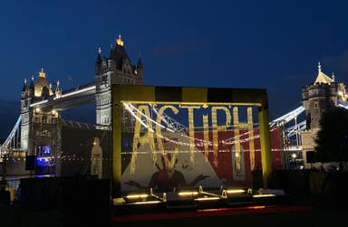 The 'Wet 'n' Wild' waterfall swing, unveiled by Actiph Water at London's Potters Fields Park today, in celebration of their collaboration with Marvel Studios’ for the UK cinema release of Deadpool & Wolverine.